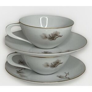 Vintage 2 Sango Larchmont Cups & Saucers Japan Gold Trim Pine Branch MCM EUC